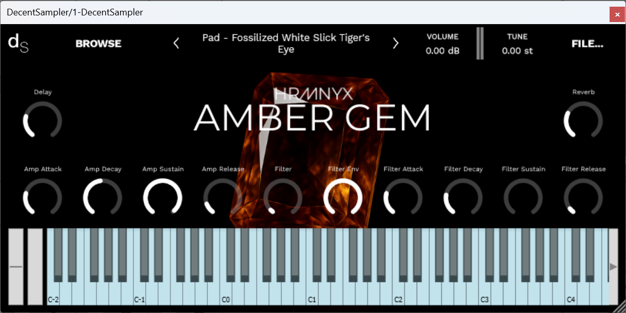 A screenshot of the Amber Gem Sample Library instrument interface in Decent Sampler.